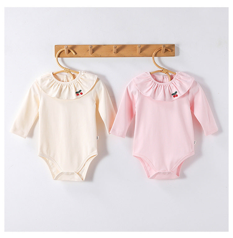 Spring Arrival Baby Girls Long Sleeves Cherry Embroidered Collar Onesies Bodysuits-3