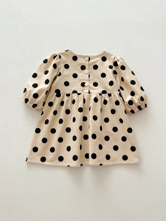Best Selling Autumn Girls Polka Dots Pattern Crew Neck Long Sleeves Dress-1