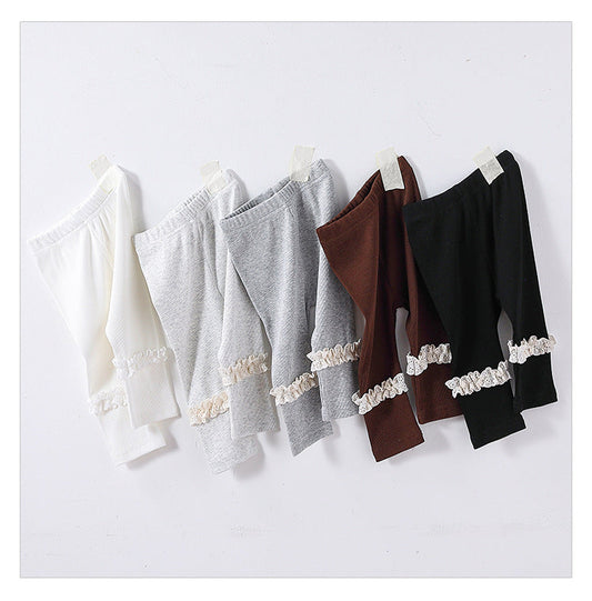 Children’s Spring Lace Trim Attached Breathable Pants for Girls – Home Trousers-0