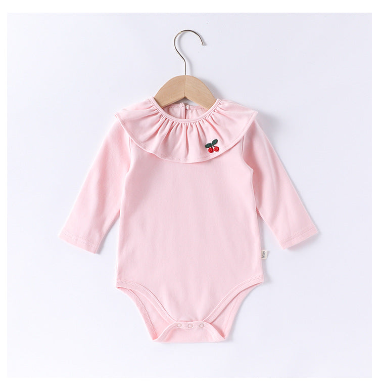 Spring Arrival Baby Girls Long Sleeves Cherry Embroidered Collar Onesies Bodysuits-1
