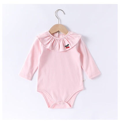Spring Arrival Baby Girls Long Sleeves Cherry Embroidered Collar Onesies Bodysuits-1