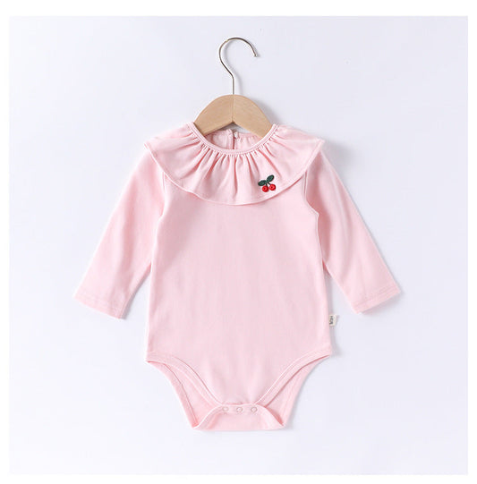 Spring Arrival Baby Girls Long Sleeves Cherry Embroidered Collar Onesies Bodysuits-1