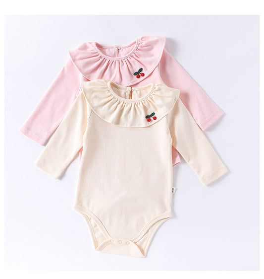 Spring Arrival Baby Girls Long Sleeves Cherry Embroidered Collar Onesies Bodysuits-0