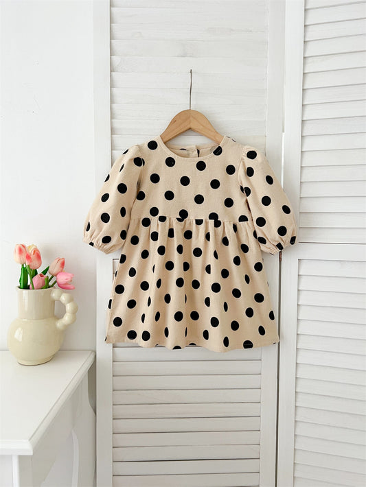 Best Selling Autumn Girls Polka Dots Pattern Crew Neck Long Sleeves Dress-0